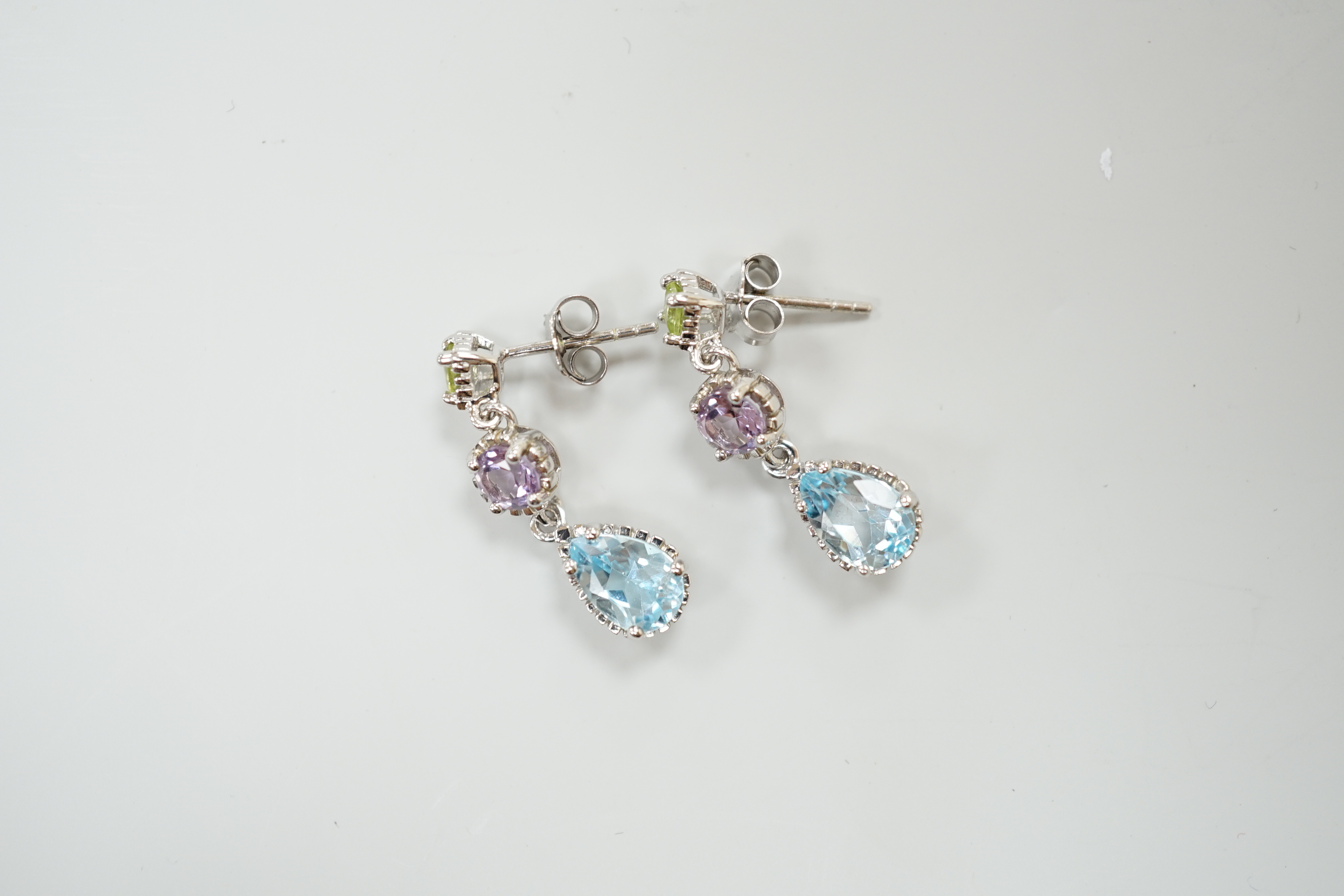 A pair of silver gem set drop earrings, 2.75cm
